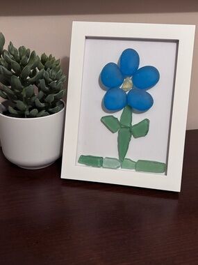 Framed Sea Glass Flower Art - Blue & Green
